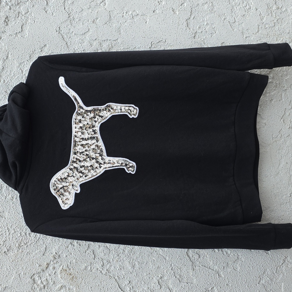 NWT Black Victoria's Secret PINK Sequin Dog Pull Over Hoodie Size Medium
